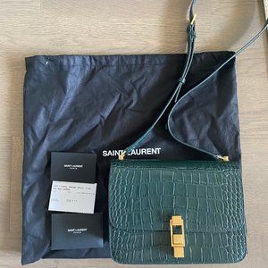 YSL Carre Medium Croc-Embossed Crossbody Bag